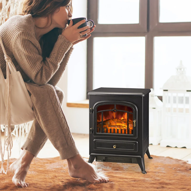HOMCOM Fireplace Stove, Electric Fireplace Heater with Realistic LED Flames and Logs, 725W/1450W, Black