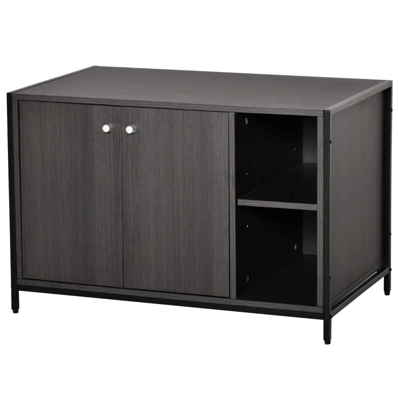 PawHut Large Wooden & Steel Cat Litter Box Enclosure, Kitten Washroom End Table, Indoor Hidden Cat House with Magnetic Doors & Storage Shelves, Black