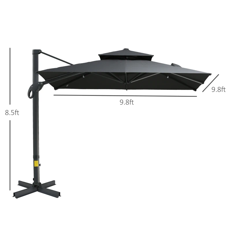 Outsunny 10ft Offset Patio Umbrella, Hanging Cantilever Umbrella, Square Shape, Aluminum Cross Base, Tilt, 360-Degree Rotation, Gray