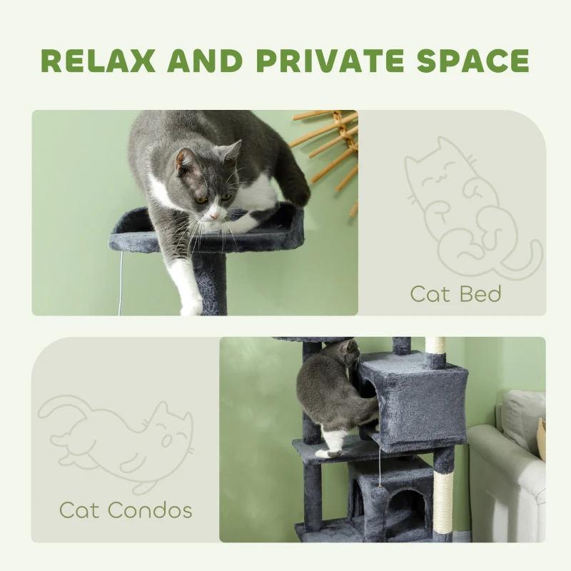 PawHut 54" Cat Tree, Multi-Level Cat Tower with Scratching Posts, Cat Condos, Bed, Platforms, Ramp, Toy Ball, Dark Grey