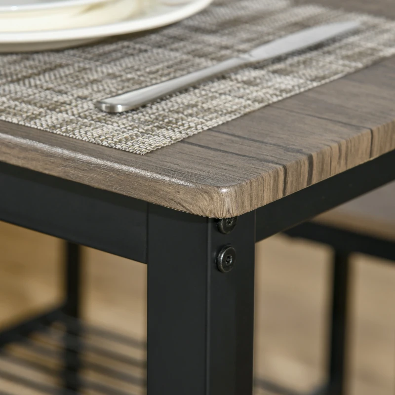 HOMCOM Industrial Dining Table Set, Kitchen Table and Chairs for 4, Dinner Table with Bench Set with Metal Frame & Storage Shelf, 4 Piece Dinette Set