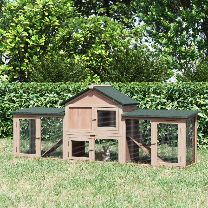 PawHut Large Rabbit Hutch Wood Bunny Cage Outdoor Guinea Pig House with Double Runs Slide Out Tray Ramps, 83"x18"x33", Natural