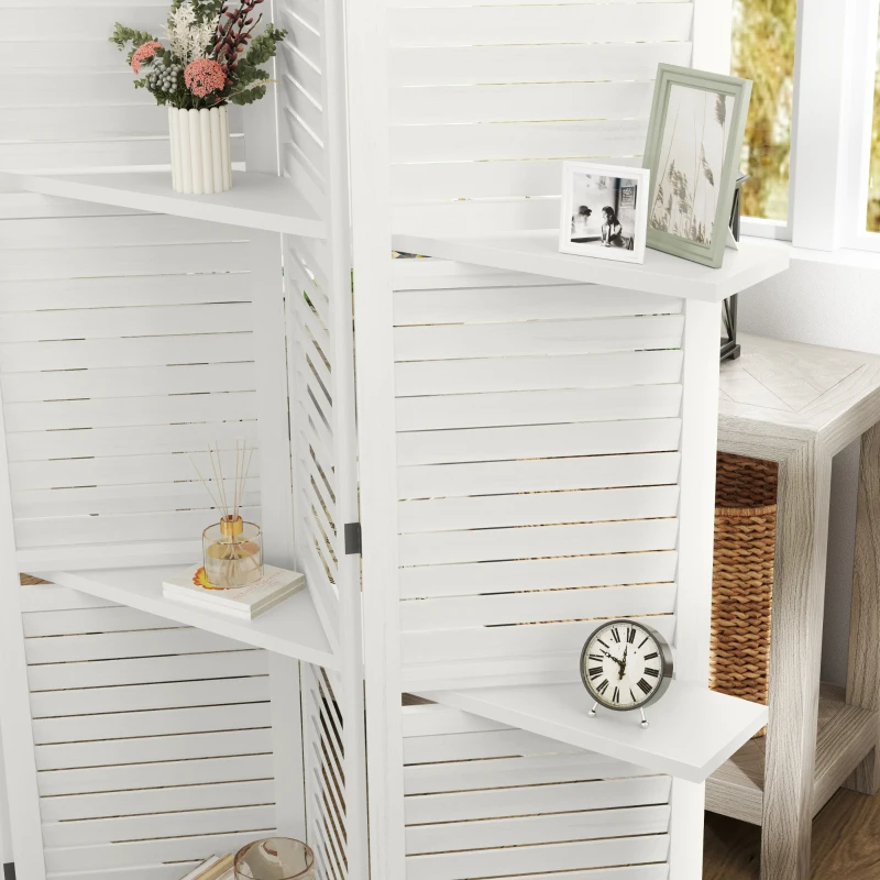 HOMCOM 5 Panel 67" Tall Wood Privacy Screen Room Divider with 3 Shelves and Folding Storage for Bedroom, White
