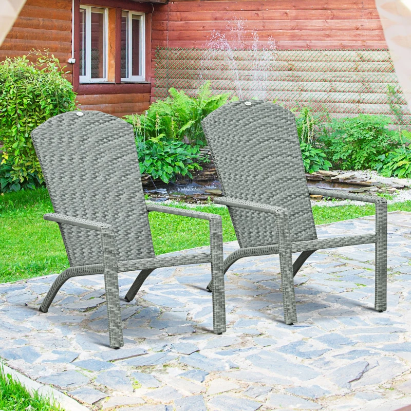 Outsunny 2 Pieces Adirondack Chair Patio Wicker Muskoka Chair, Outdoor PE Rattan Fire Pit Chair for Poolside, Balcony, Deck, Garden, Backyard, Light Grey