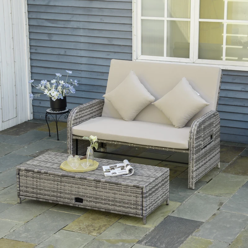 Outsunny Patio Rattan Daybed with Cushions, Wicker Outdoor Bed Lounger w/ Loveseat, Storage Ottoman, Coffee & Side Tables, for Poolside, Porch, Backyard, Gray
