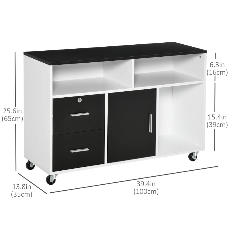 HOMCOM Lateral Filing Cabinet, Printer Stand Home Office Mobile File Cabinet with Wheels, Lockable Drawer, Black