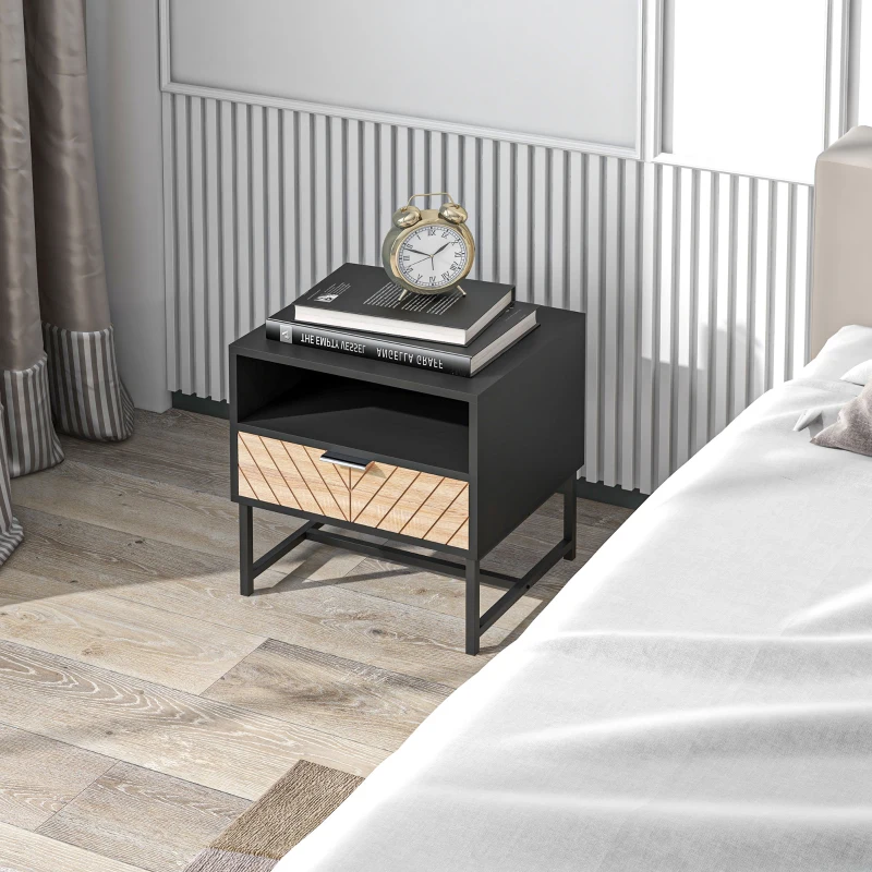 HOMCOM Modern Bedside Table with Drawer, Nightstand with Storage Shelf, Sofa End Table for Bedroom, Black and Oak