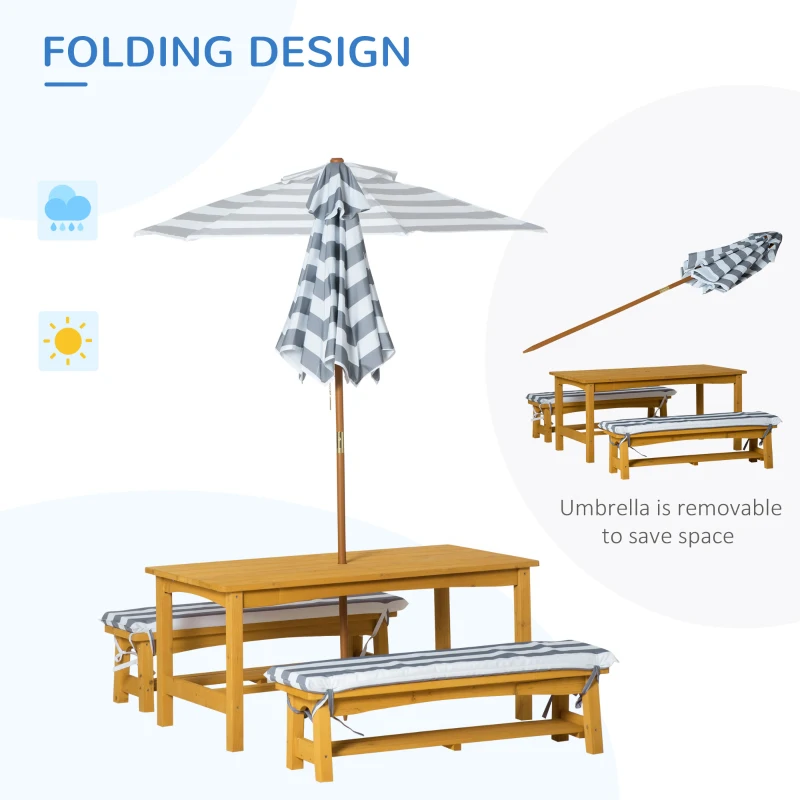 Outsunny Kids Wooden Table Bench Set with Cushions, Outdoor Picnic Furniture with Removable Umbrella, for Backyard, Garden, Boys and Girls, Yellow