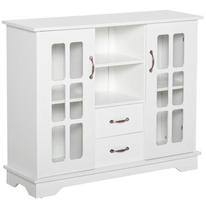 HOMCOM Modern Kitchen Sideboard with 2 Drawers, Coffee Bar Cabinet with Glass Doors Storage Cupboard and Open Shelf, White