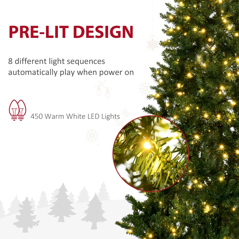 HOMCOM 7.5 Feet Prelit Artificial Christmas Tree Warm White LED Light Holiday Home Xmas Decoration, Green