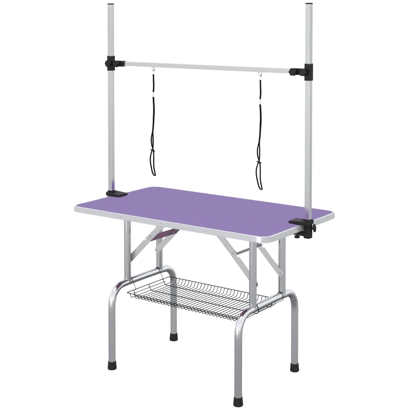 PawHut Adjustable Dog Grooming Table with 2 Safety Slings, Storage Basket, Purple