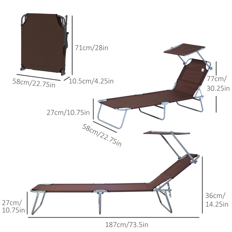 Outsunny Outdoor Lounge Chair, Adjustable Folding Chaise Lounge,  Tanning Chair with Sun Shade for Beach, Camping, Hiking, Backyard, Brown