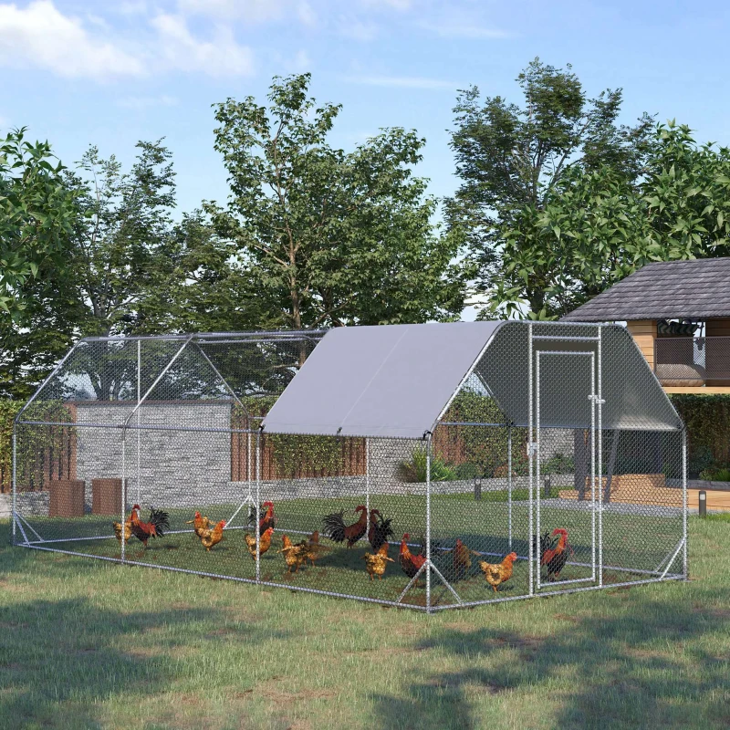 PawHut Chicken Run, Galvanized Large Metal Chicken Coop Cage, Walk-in Enclosure Poultry Hen Run House Playpen Rabbit Hutch with Flat Roof, Cover, 9.2' x 18.7' x 6.5', Silver