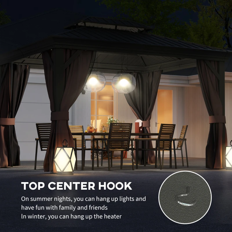 Outsunny 10' x 12' Outdoor Hardtop Gazebo with Galvanized Canopy & Netting Sidewalls for Lawn, Backyard, Dark Brown