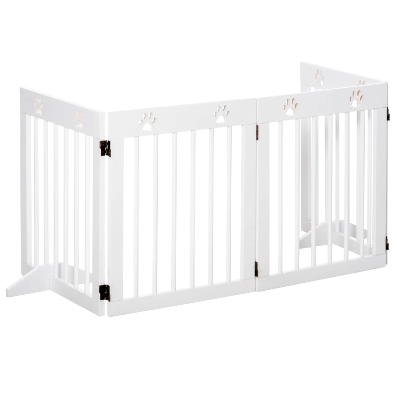 PawHut Freestanding Pet Gate 4 Panel Wooden Dog Barrier Folding Safety Fence with Support Feet up to 80.25" Long 24" Tall for Doorway Stairs White