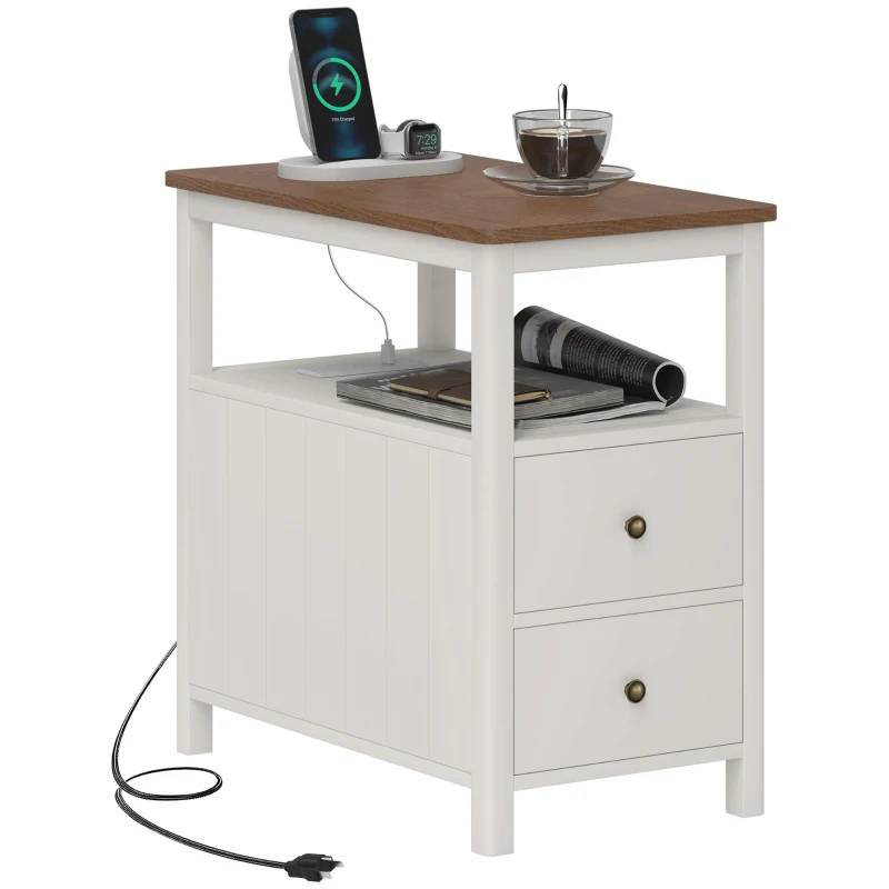 HOMCOM Side Table with Charging Station and USB Ports, Narrow End Table with Drawers, Shelf for Living Room, White