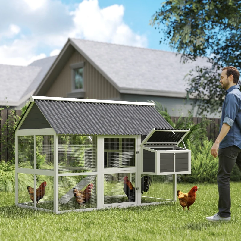 PawHut Wooden Chicken Coop with Run, 2 Nesting Boxes, 2 Roosting Bars, Ramp & Tray, Poultry Cage for 6-8 Chickens, Gray