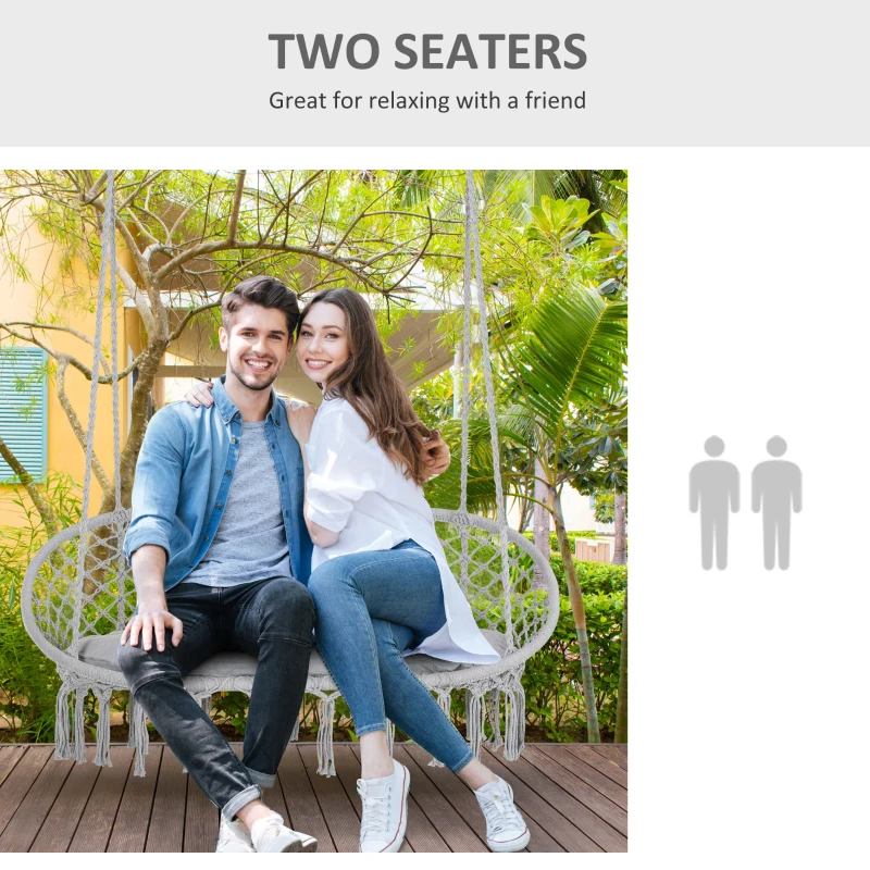 Outsunny 2-Person Hammock Chair Macrame Swing with Soft Cushion, Hanging Cotton Rope Chair for Indoor Outdoor Home Patio Backyard, Light Gray