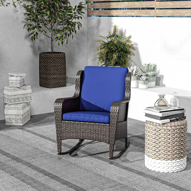 Outsunny Outdoor Wicker Rocking Chair, Rattan Rocker with Cushions, Steel Frame for Patio, Garden, Backyard, Dark Blue
