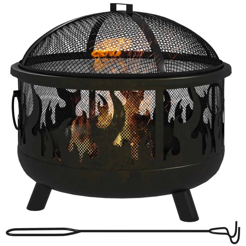 Outsunny Outdoor Metal Fire Pit, 24" Round Firepit Bowl w/ Lid Grill Poker Handles for Garden, Camping, BBQ, Bonfire, Black