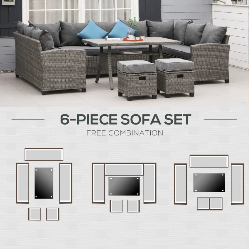 Outsunny 6 Piece Patio Furniture Set, PE Wicker Outdoor Furniture Conversation Set with 3 Sofas, 2 Ottomans and Slatted WPC Top Dining Table, All Weather Sectional Sofa Couch with Pillows, Gray
