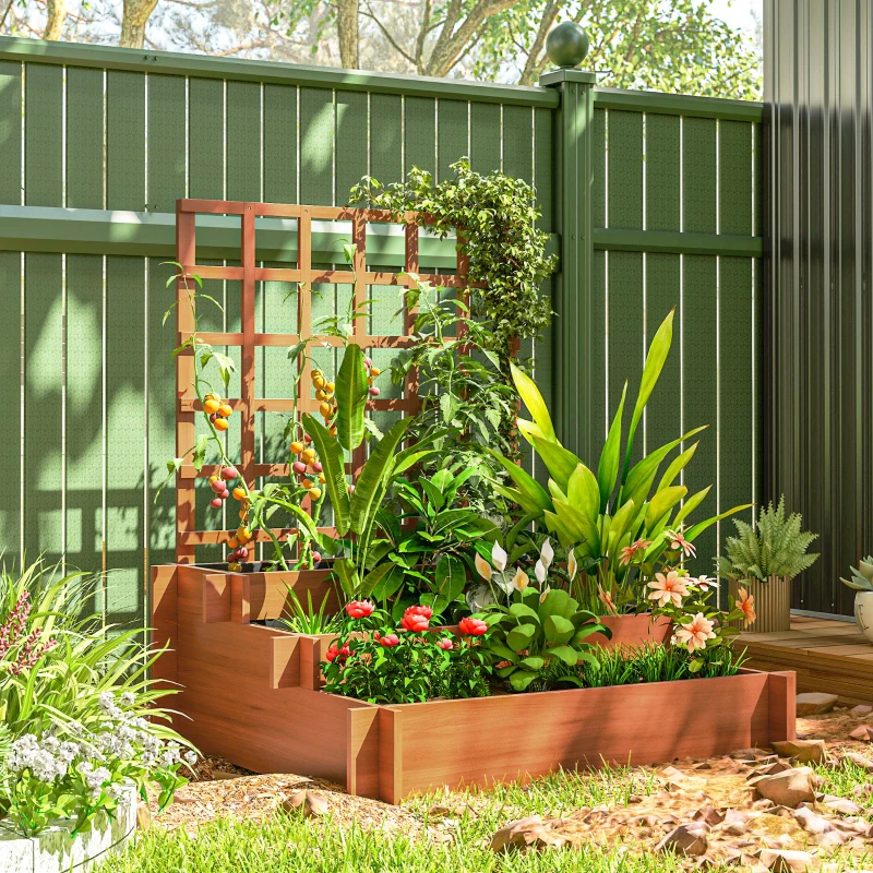 Outsunny Wooden Elevated Planter Box with Trellis for Climbing Plants, 3 Tier Raised Garden Bed for Garden, Outdoor, Brown