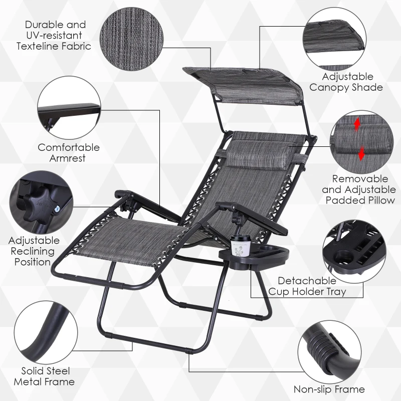 Outsunny 2 Piece Foldable Lounge Chair with Canopy Shade, Outdoor Zero Gravity Chair w/ Side Tray & Cup Holder, Reclining Lounger w/ Breathable Mesh Fabric Seat, Pillow, Dark Grey