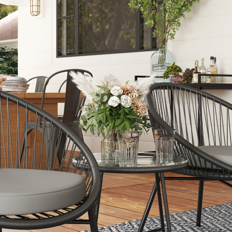 Outsunny 3 Piece Wicker Patio Furniture Set with Soft Seat Cushions, Tempered Glass Tabletop, Bistro Set for Garden, Black