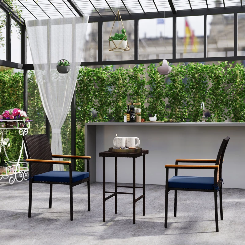 Outsunny Stackable Patio Wicker Dining Chair Set of 2 with Cushions, Backrest, Armrests for Deck, Garden, Navy Blue