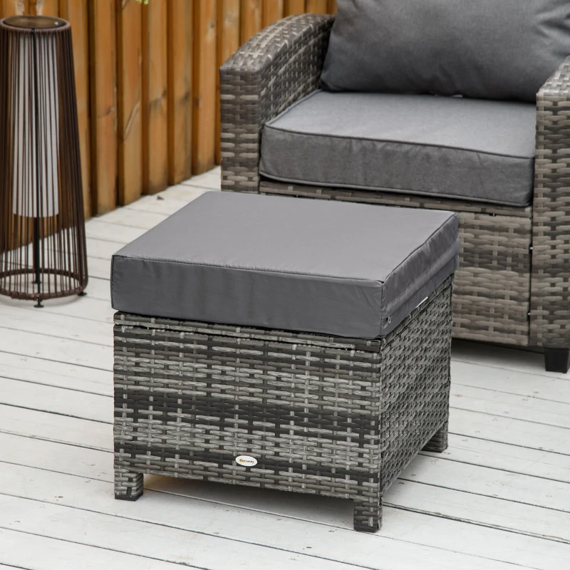 Outsunny Patio Rattan Ottoman, Outdoor Wicker Footrest with Soft Cushion, Metal Frame for Backyard, Garden, and Poolside, Grey