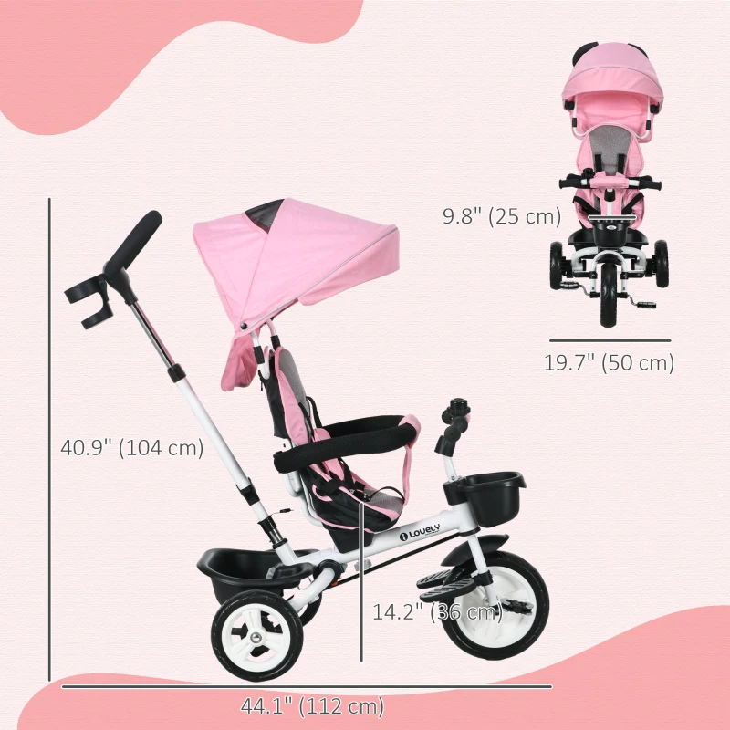 Qaba 6 in 1 Toddler Tricycle with Parent Push Handle, Canopy, Storage Baskets, Cupholder, Pink
