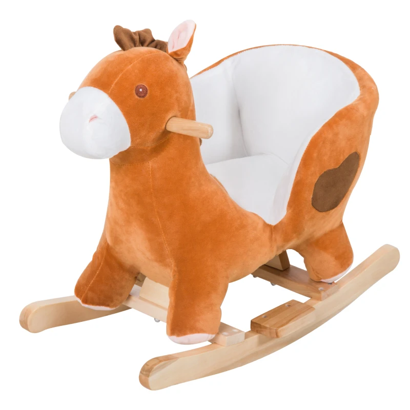 Qaba Kids Ride On Rocking Horse, Plush Animal Toy Sturdy Wooden Rocker with Songs for Boys or Girls