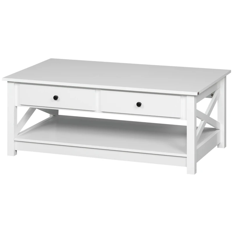 HOMCOM Coffee Table with Storage, Farmhouse Living Room Table with Drawers and Open Shelf, Centre Table with X-frames, White