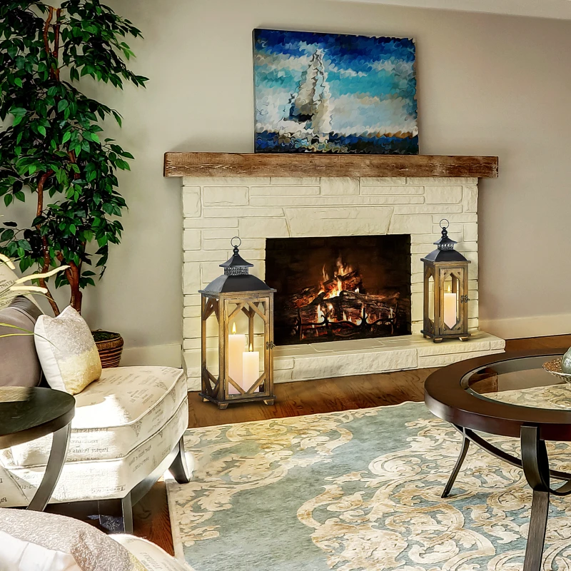 HOMCOM 2-Pack 31"/21" Large Rustic Decorative Lantern, Indoor or Outdoor Wooden Metal Hanging Lantern for Home Décor (No Glass), Black and Dark Wood Color