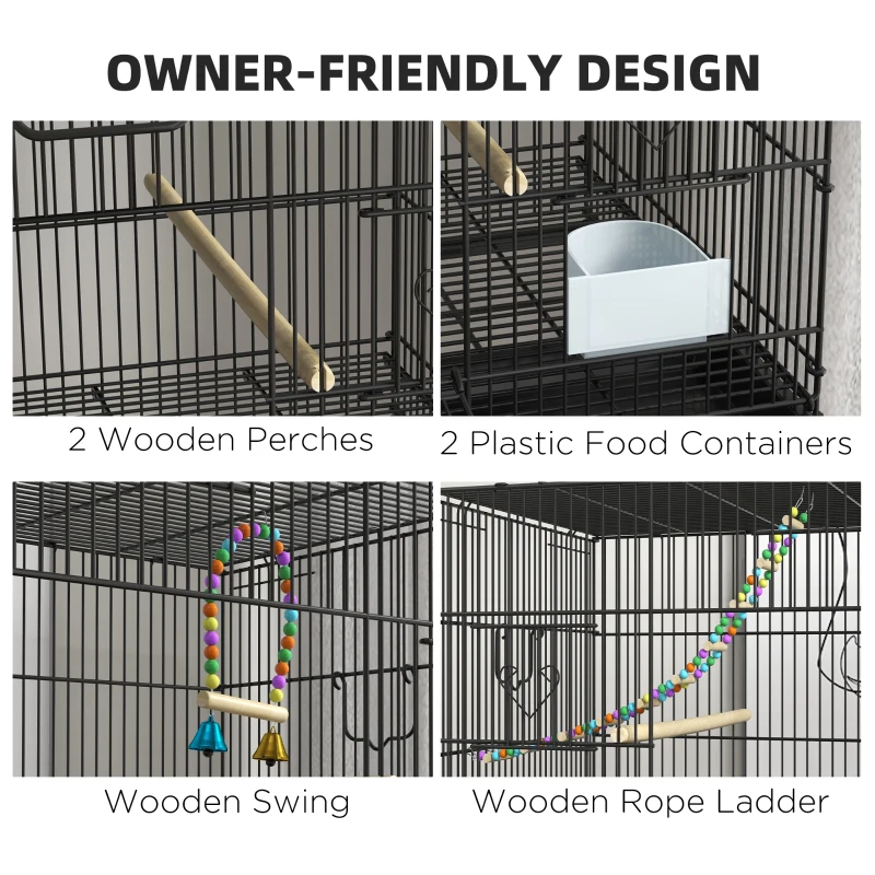 PawHut 65" Birdcage for Canaries, Lovebirds Finches, Budgie Cage with Wheels, Black