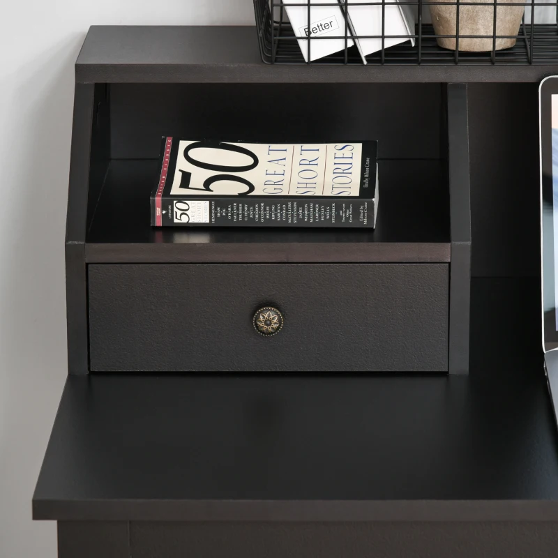 HOMCOM Rectangle Computer Desk with Display Shelves Drawers Home Office Table Workstation Black Wood Grain