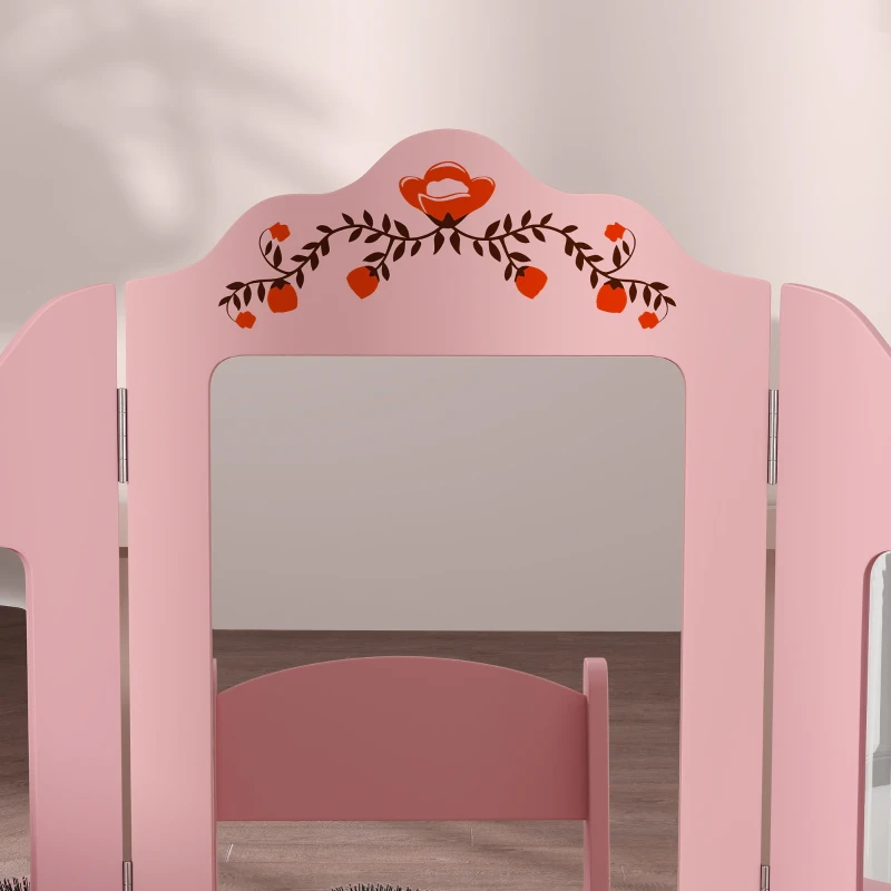 Qaba Kids Vanity Set, Dual-Use Dressing Table with Removable Tri-Folding Mirror and Drawer, for Ages 3-8, Pink
