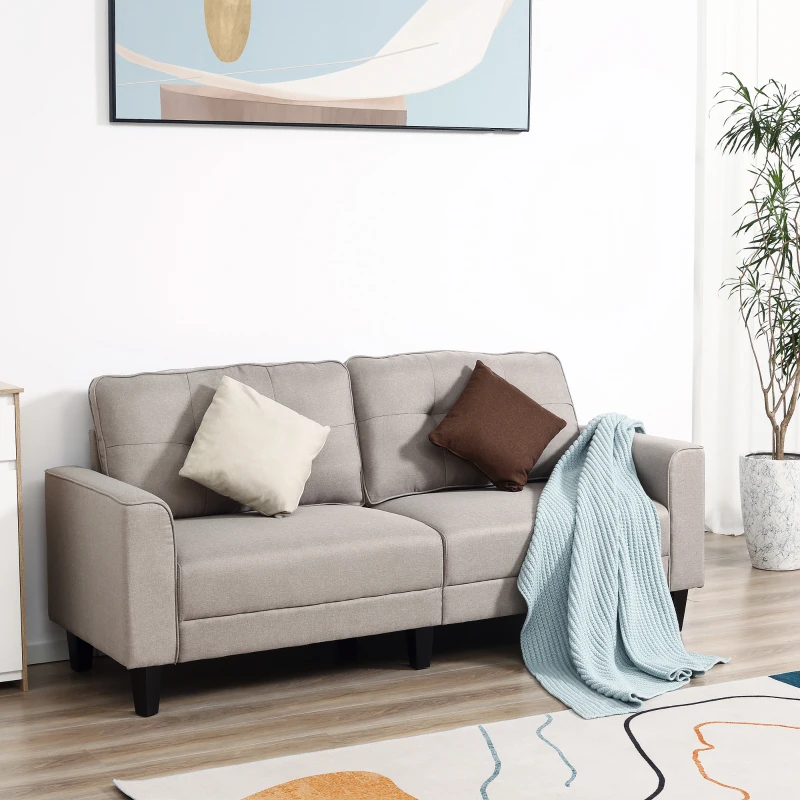 HOMCOM 3-Seater Sofa, Mid-Century Linen Couch with Upholstered Seat, Button-Tufted Back Cushion and Rubber Wood Legs for Living Room, Bedroom, Beige