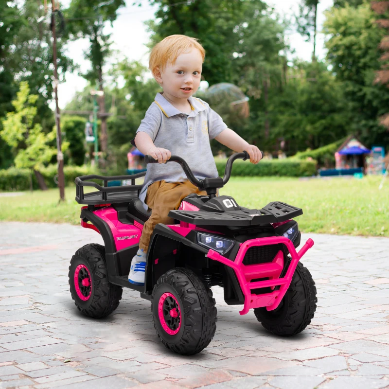 Qaba 12V Kids ATV, 4 Wheeler Quad w/ 4 Spring Suspension Wheels, LED Lights, Music USB, Pink