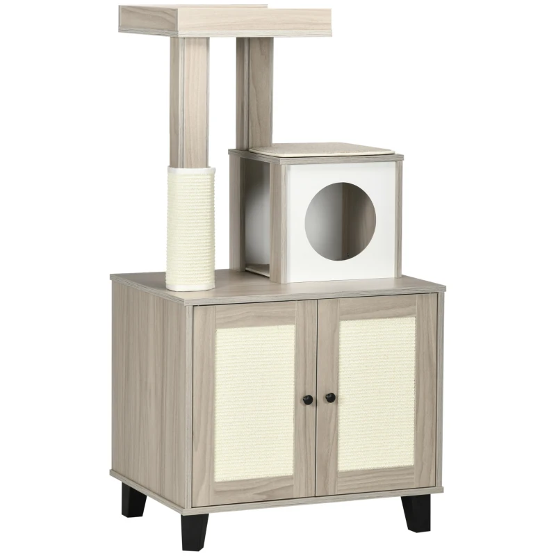 PawHut Cat Litter Box Enclosure Furniture with Cat Tree, Hidden Litter Box with Scratching Post, Bed, Modern Cat House Indoor, Gray