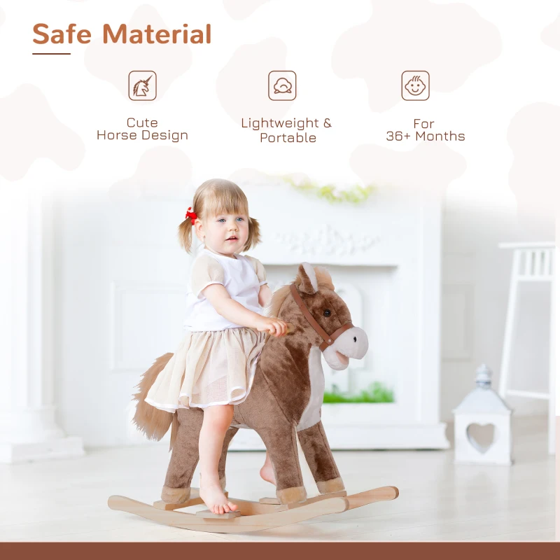 Qaba Kids Rocking Horse with Soft Plush Body, Wooden Base & Handle Grip for Years 3+