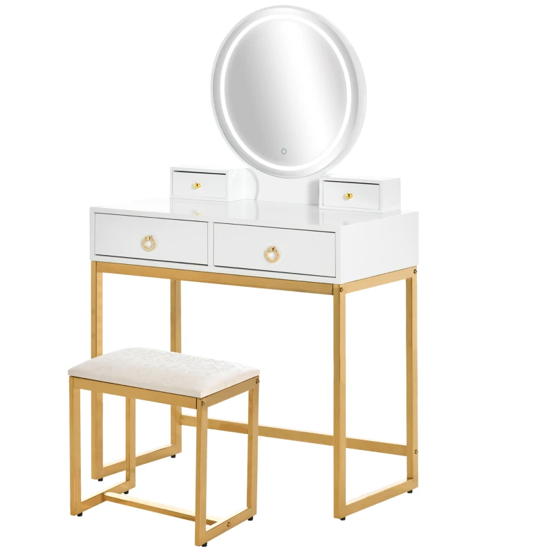 HOMCOM Makeup Vanity Table Set with 3-Color Touch Screen Dimmable Lighted Mirror, Dressing Desk with 4 Drawers and Cushioned Stool for Bedroom, White