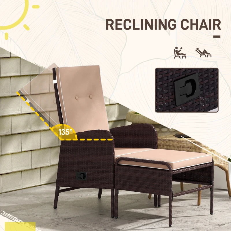 Outsunny 2 Pieces Patio Reclining Chair Set with Stool, Cushions, Outdoor Wicker Conversation Armchair Set, Brown