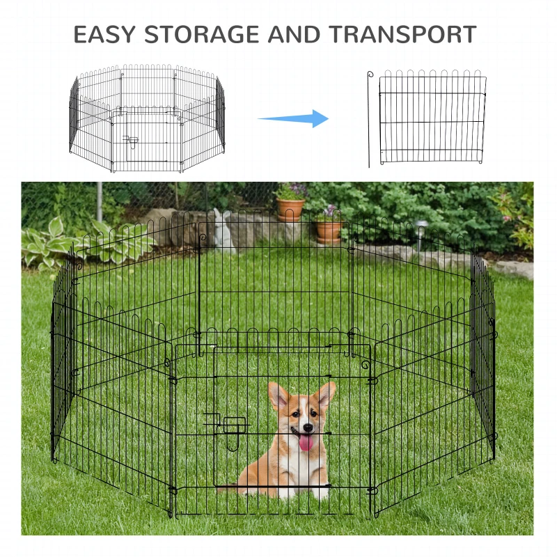 PawHut 24inch 8-Panel Dog Playpen Octagon Pet Exercise Playpen Crate Foldable Dog Cage Pen Puppy Kennel, Black