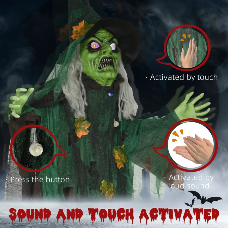 HOMCOM 72 Inch/6ft Life Size Outdoor Halloween Decoration Witch, Animated Prop Decor with Sound and Motion Activated, Light Up Eyes, Creepy Sound