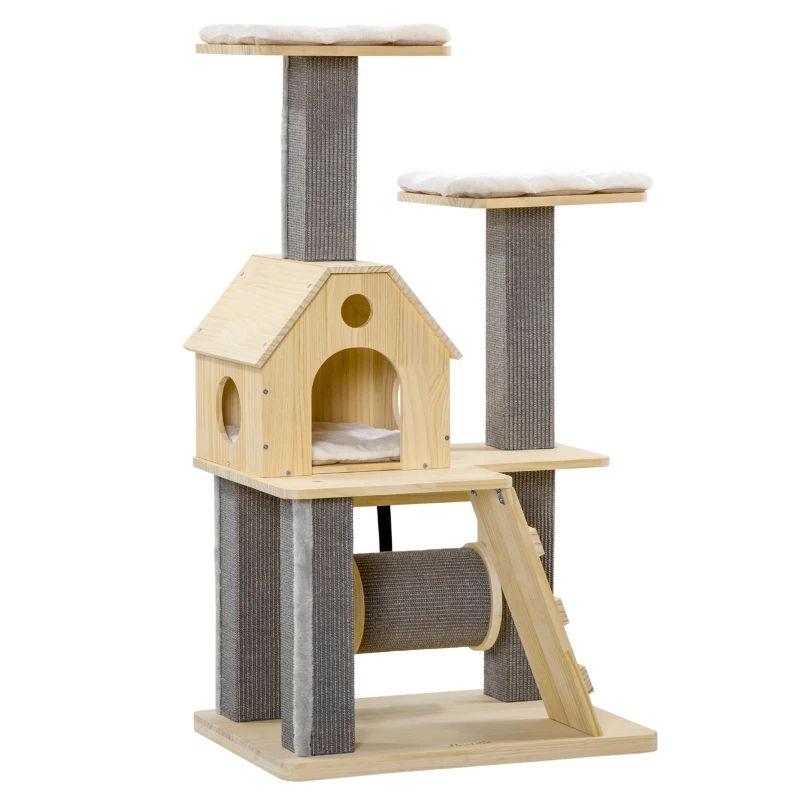 PawHut 49" Cat Tree Kitty Activity Center Wooden Cat Climbing Toy Pet Furniture with Cat Condo Cat Roller Ladder Cushions Sisal Scratching Post Pad, Natural