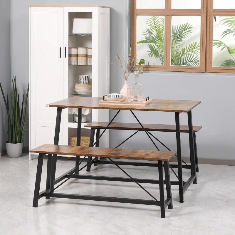 HOMCOM Industrial 3-Piece Dining Table Set, Rectangular Kitchen Table and Chairs for 4 People, Space-Saving Dinner Table with Two Benches, Rustic Brown