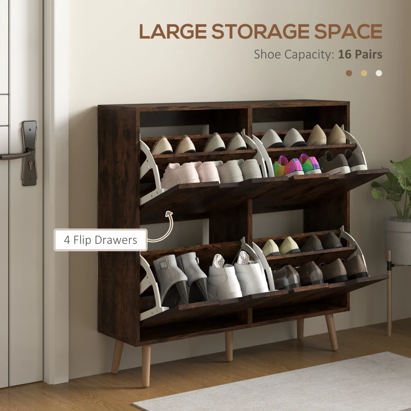 HOMCOM Shoe Storage Cabinet with 4 Flip Drawers and Adjustable Shelf, Shoe Cabinet for 8-16 Pairs of Shoes, Rustic Brown