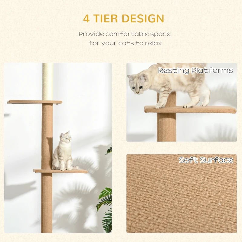 PawHut Floor-to-Ceiling Cat Tree Cat Climbing Tower with Sisal-Covered Scratching Posts Natural Cat Tree Activity Center for Kittens Cat Tower Furniture, Light brown