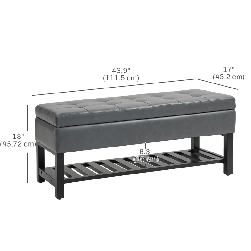 HOMCOM 44" PU Leather Tufted Ottoman Shoe Bench Storage Chest Hallway Grey